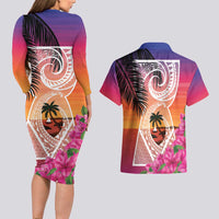 Guam Chamorro Couples Matching Long Sleeve Bodycon Dress and Hawaiian Shirt Artsy Latte Stone