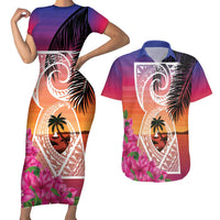 Guam Chamorro Couples Matching Short Sleeve Bodycon Dress and Hawaiian Shirt Artsy Latte Stone