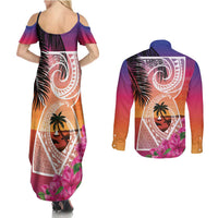 Guam Chamorro Couples Matching Summer Maxi Dress and Long Sleeve Button Shirt Artsy Latte Stone