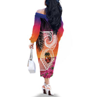 Guam Chamorro Family Matching Off The Shoulder Long Sleeve Dress and Hawaiian Shirt Artsy Latte Stone