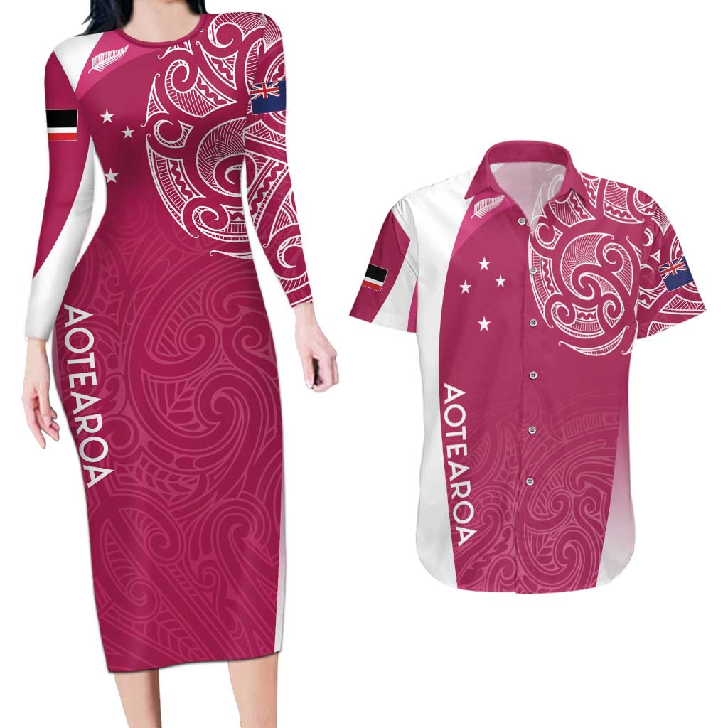Personalised New Zealand Rugby Couples Matching Long Sleeve Bodycon Dress and Hawaiian Shirt Aotearoa Champions - Pink Version LT7 Pink - Polynesian Pride