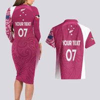 Personalised New Zealand Rugby Couples Matching Long Sleeve Bodycon Dress and Hawaiian Shirt Aotearoa Champions - Pink Version LT7 - Polynesian Pride