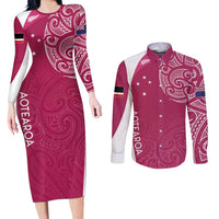 Personalised New Zealand Rugby Couples Matching Long Sleeve Bodycon Dress and Long Sleeve Button Shirt Aotearoa Champions - Pink Version LT7 Pink - Polynesian Pride