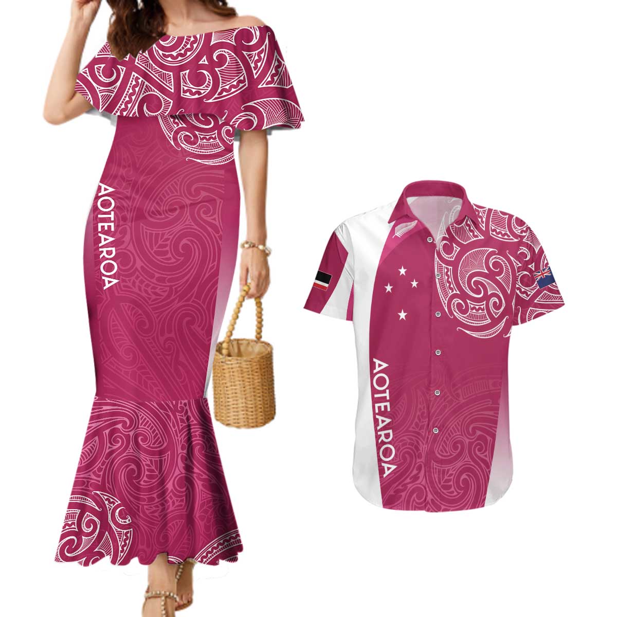 Personalised New Zealand Rugby Couples Matching Mermaid Dress and Hawaiian Shirt Aotearoa Champions - Pink Version LT7 Pink - Polynesian Pride