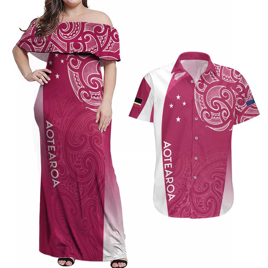 Personalised New Zealand Rugby Couples Matching Off Shoulder Maxi Dress and Hawaiian Shirt Aotearoa Champions - Pink Version LT7 Pink - Polynesian Pride