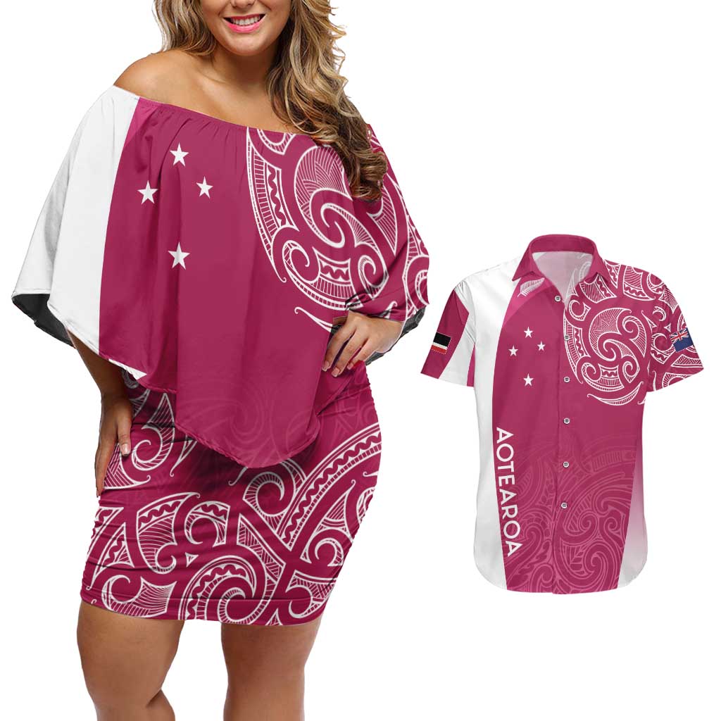 Personalised New Zealand Rugby Couples Matching Off Shoulder Short Dress and Hawaiian Shirt Aotearoa Champions - Pink Version LT7 Pink - Polynesian Pride