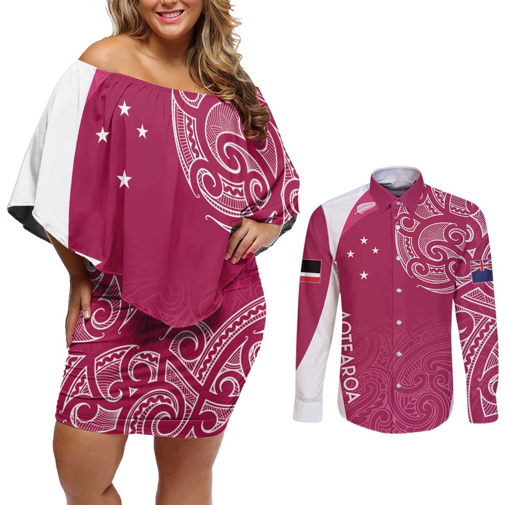 Personalised New Zealand Rugby Couples Matching Off Shoulder Short Dress and Long Sleeve Button Shirt Aotearoa Champions - Pink Version LT7 Pink - Polynesian Pride