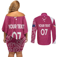 Personalised New Zealand Rugby Couples Matching Off Shoulder Short Dress and Long Sleeve Button Shirt Aotearoa Champions - Pink Version LT7 - Polynesian Pride