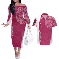 Personalised New Zealand Rugby Couples Matching Off The Shoulder Long Sleeve Dress and Hawaiian Shirt Aotearoa Champions - Pink Version LT7 Pink - Polynesian Pride