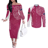 Personalised New Zealand Rugby Couples Matching Off The Shoulder Long Sleeve Dress and Long Sleeve Button Shirt Aotearoa Champions - Pink Version LT7 Pink - Polynesian Pride