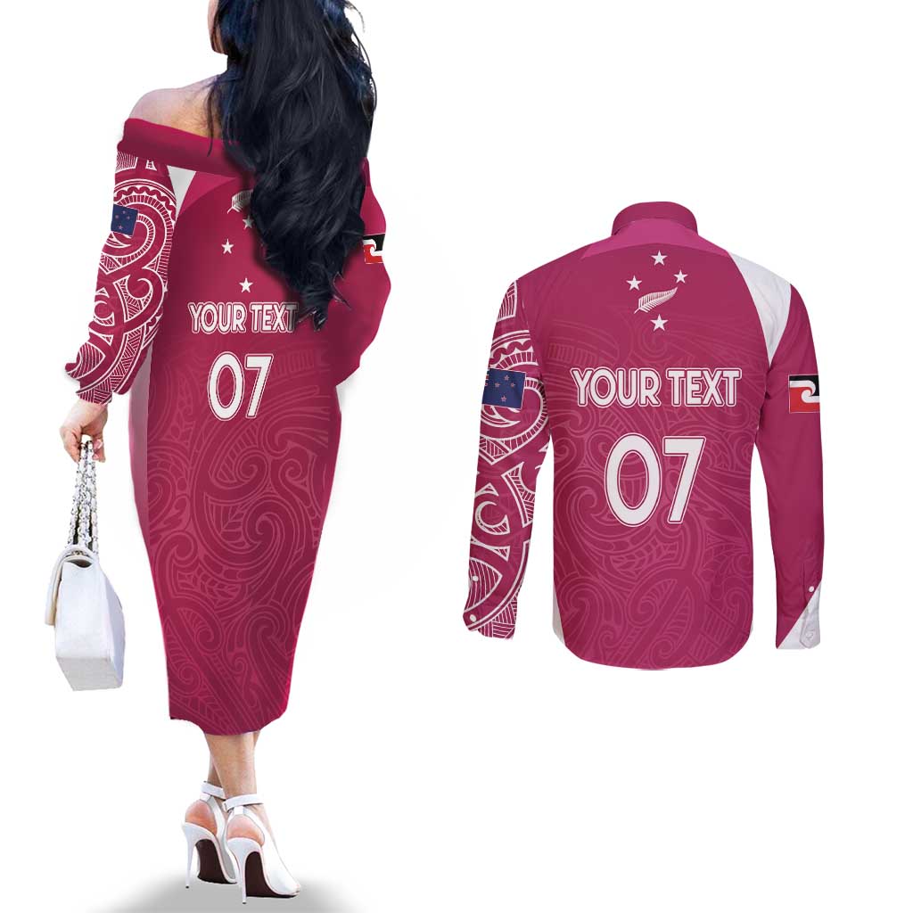 Personalised New Zealand Rugby Couples Matching Off The Shoulder Long Sleeve Dress and Long Sleeve Button Shirt Aotearoa Champions - Pink Version LT7 - Polynesian Pride