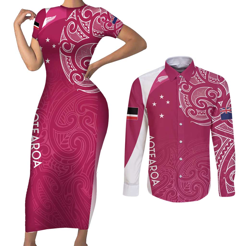Personalised New Zealand Rugby Couples Matching Short Sleeve Bodycon Dress and Long Sleeve Button Shirt Aotearoa Champions - Pink Version LT7 Pink - Polynesian Pride