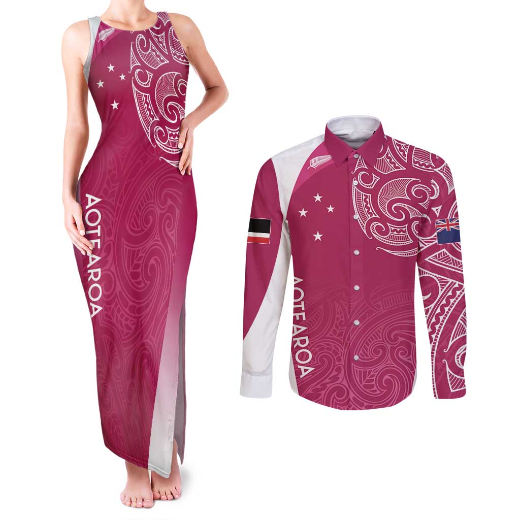 Personalised New Zealand Rugby Couples Matching Tank Maxi Dress and Long Sleeve Button Shirt Aotearoa Champions - Pink Version