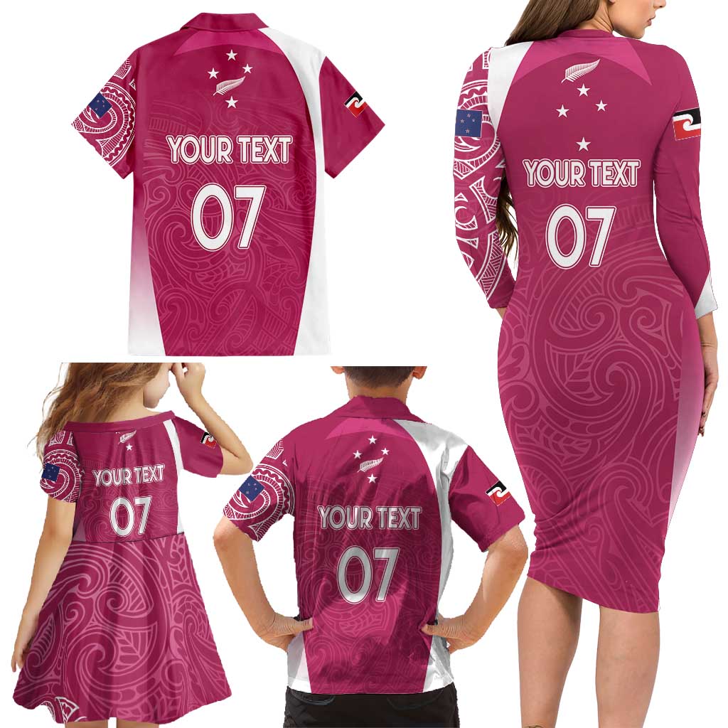 Personalised New Zealand Rugby Family Matching Long Sleeve Bodycon Dress and Hawaiian Shirt Aotearoa Champions - Pink Version LT7 - Polynesian Pride