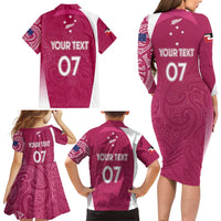 Personalised New Zealand Rugby Family Matching Long Sleeve Bodycon Dress and Hawaiian Shirt Aotearoa Champions - Pink Version LT7 - Polynesian Pride