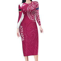 Personalised New Zealand Rugby Family Matching Long Sleeve Bodycon Dress and Hawaiian Shirt Aotearoa Champions - Pink Version LT7 Mom's Dress Pink - Polynesian Pride