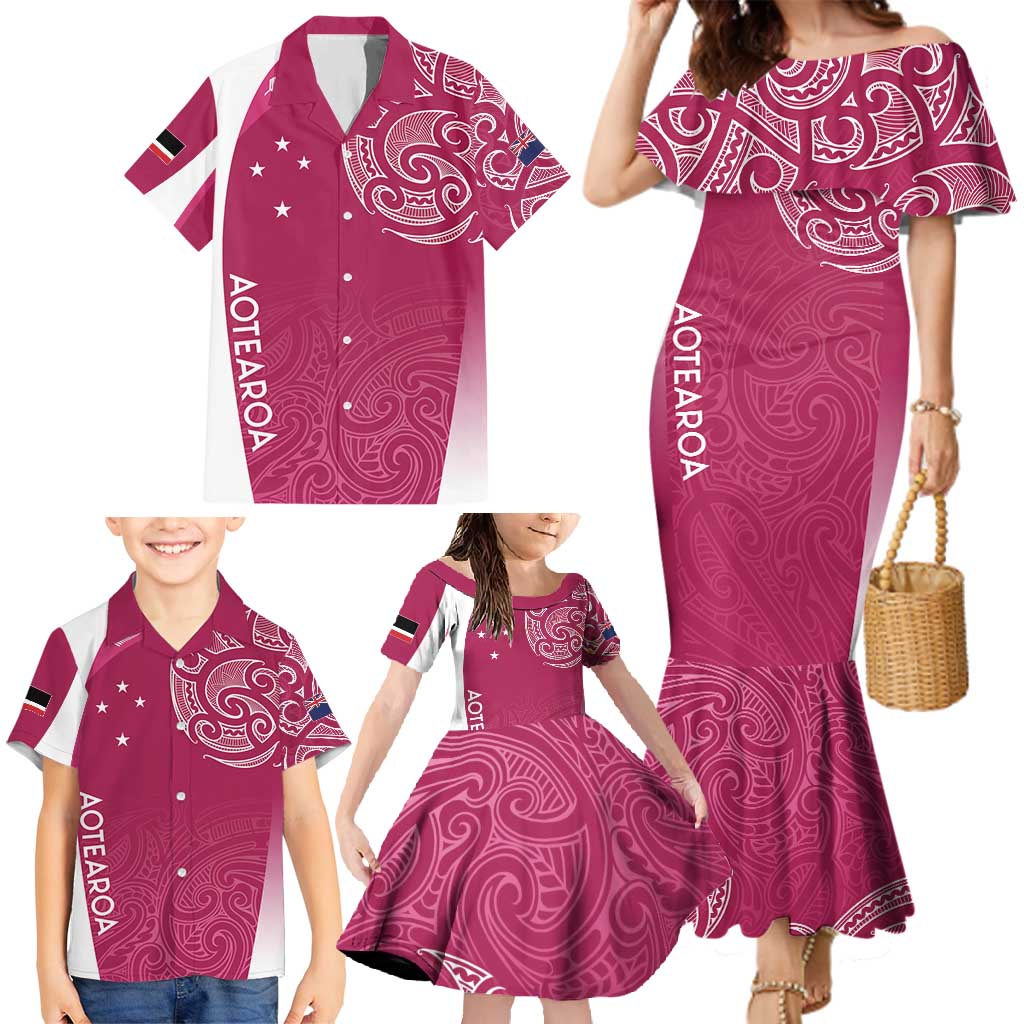 Personalised New Zealand Rugby Family Matching Mermaid Dress and Hawaiian Shirt Aotearoa Champions - Pink Version LT7 - Polynesian Pride