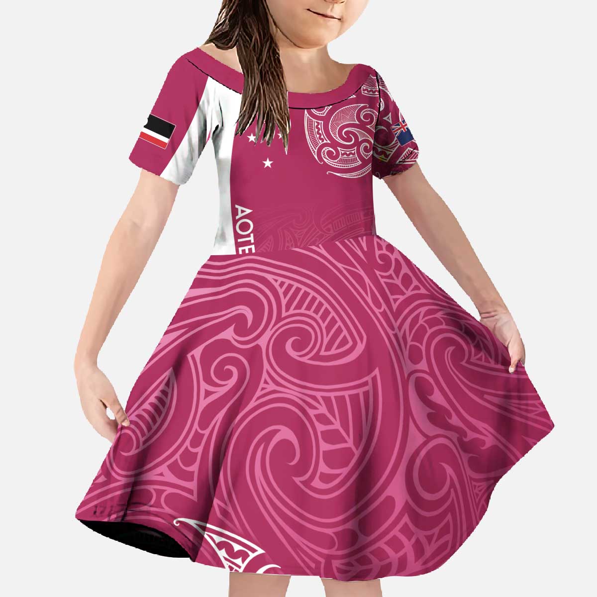Personalised New Zealand Rugby Family Matching Off The Shoulder Long Sleeve Dress and Hawaiian Shirt Aotearoa Champions - Pink Version LT7 Daughter's Dress Pink - Polynesian Pride