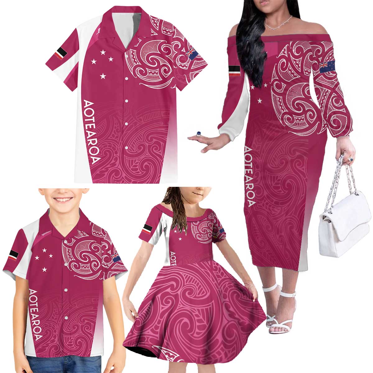 Personalised New Zealand Rugby Family Matching Off The Shoulder Long Sleeve Dress and Hawaiian Shirt Aotearoa Champions - Pink Version LT7 - Polynesian Pride