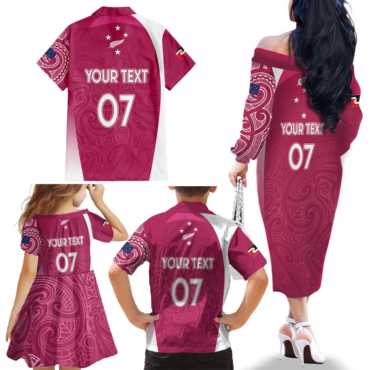 Personalised New Zealand Rugby Family Matching Off The Shoulder Long Sleeve Dress and Hawaiian Shirt Aotearoa Champions - Pink Version LT7 - Polynesian Pride