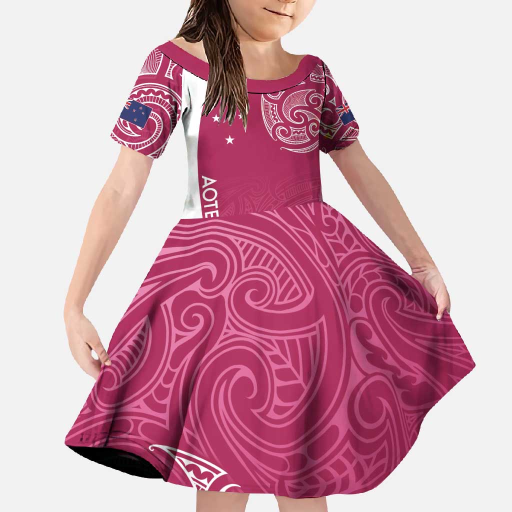 Personalised New Zealand Rugby Family Matching Off Shoulder Maxi Dress and Hawaiian Shirt Aotearoa Champions - Pink Version LT7 Daughter's Dress Pink - Polynesian Pride