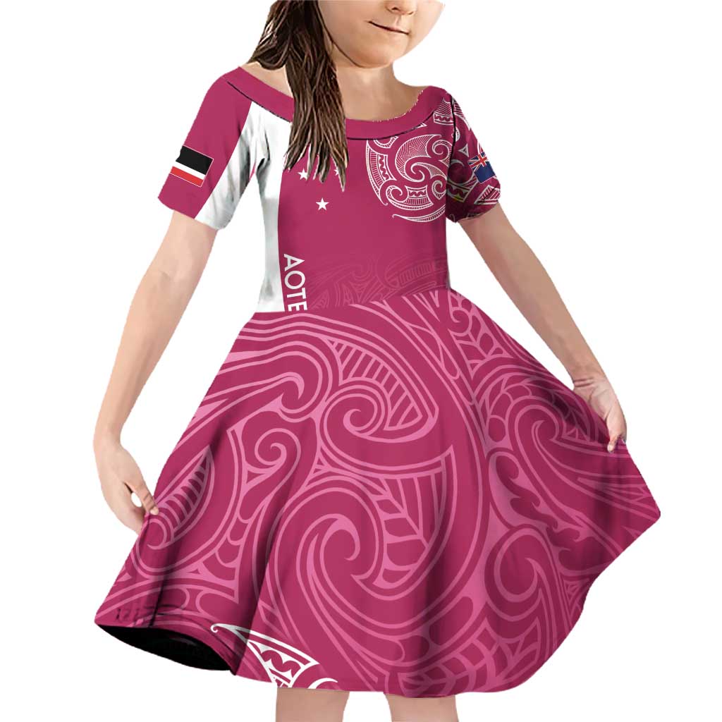 Personalised New Zealand Rugby Family Matching Off Shoulder Short Dress and Hawaiian Shirt Aotearoa Champions - Pink Version LT7 Daughter's Dress Pink - Polynesian Pride