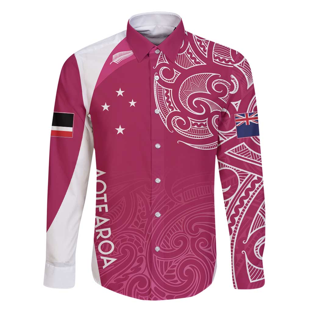 Personalised New Zealand Rugby Family Matching Off Shoulder Short Dress and Hawaiian Shirt Aotearoa Champions - Pink Version LT7 Dad's Shirt - Long Sleeve Pink - Polynesian Pride