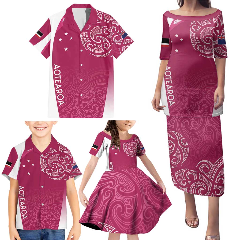 Personalised New Zealand Rugby Family Matching Puletasi and Hawaiian Shirt Aotearoa Champions - Pink Version LT7 - Polynesian Pride
