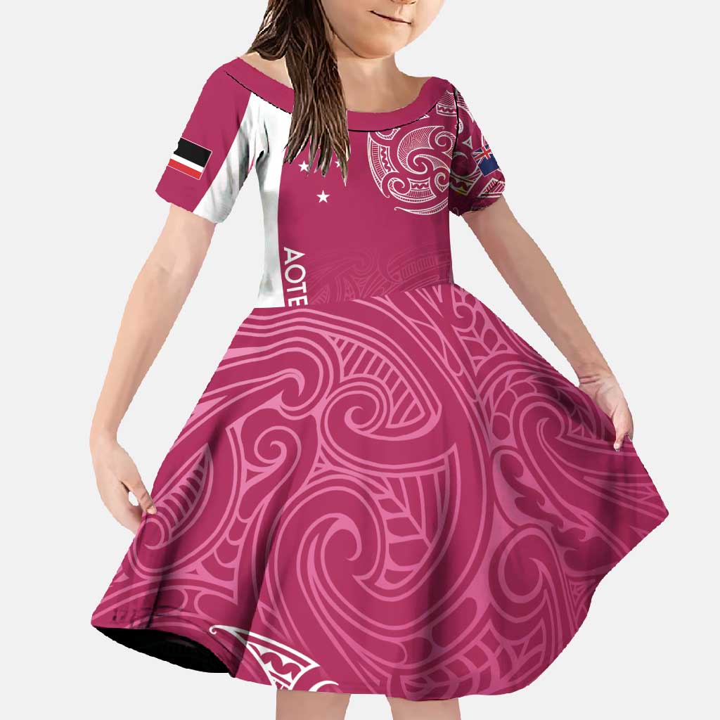 Personalised New Zealand Rugby Family Matching Short Sleeve Bodycon Dress and Hawaiian Shirt Aotearoa Champions - Pink Version LT7 Daughter's Dress Pink - Polynesian Pride
