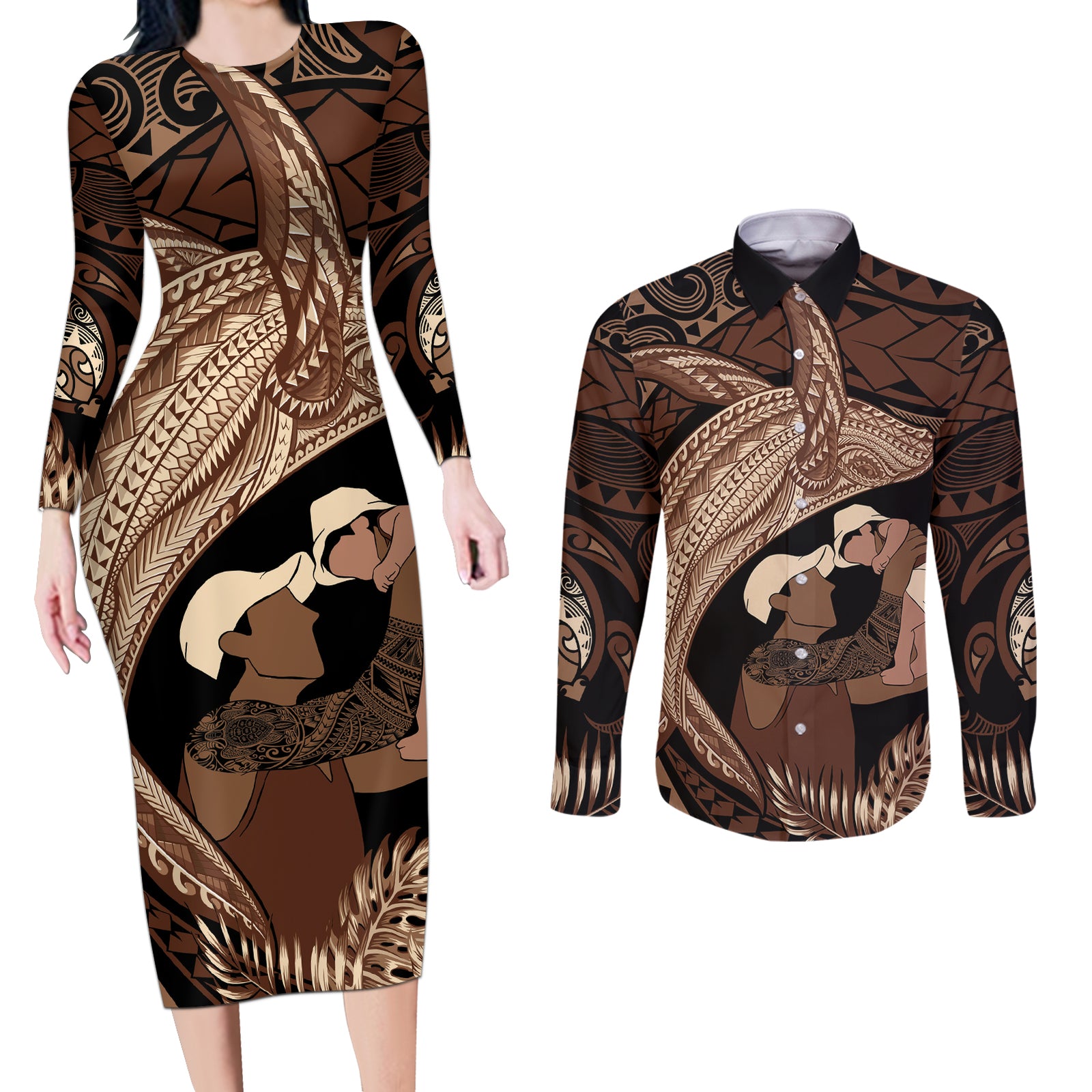 Father's Day Polynesian Pattern Couples Matching Long Sleeve Bodycon Dress and Long Sleeve Button Shirt Tropical Humpback Whale