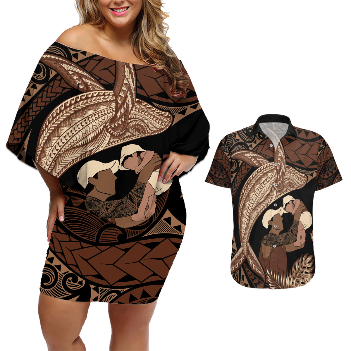 Father's Day Polynesian Pattern Couples Matching Off Shoulder Short Dress and Hawaiian Shirt Tropical Humpback Whale