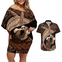 Father's Day Polynesian Pattern Couples Matching Off Shoulder Short Dress and Hawaiian Shirt Tropical Humpback Whale
