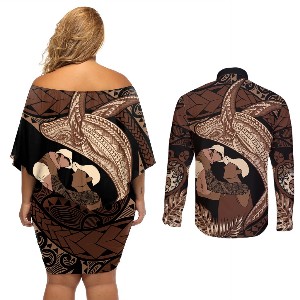 Father's Day Polynesian Pattern Couples Matching Off Shoulder Short Dress and Long Sleeve Button Shirt Tropical Humpback Whale