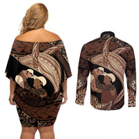 Father's Day Polynesian Pattern Couples Matching Off Shoulder Short Dress and Long Sleeve Button Shirt Tropical Humpback Whale