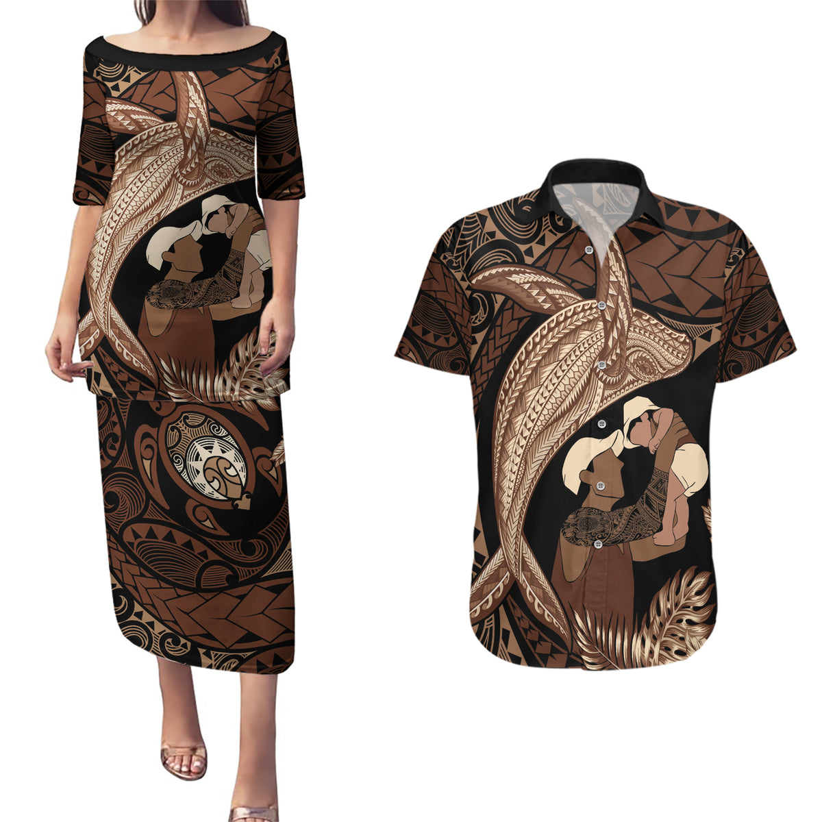 Father's Day Polynesian Pattern Couples Matching Puletasi and Hawaiian Shirt Tropical Humpback Whale