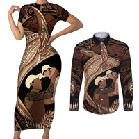 Father's Day Polynesian Pattern Couples Matching Short Sleeve Bodycon Dress and Long Sleeve Button Shirt Tropical Humpback Whale