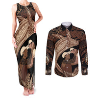 Father's Day Polynesian Pattern Couples Matching Tank Maxi Dress and Long Sleeve Button Shirt Tropical Humpback Whale