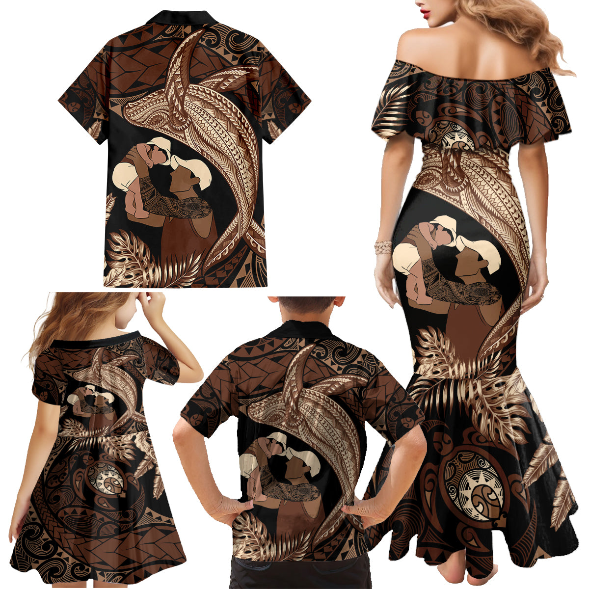 Father's Day Polynesian Pattern Family Matching Mermaid Dress and Hawaiian Shirt Tropical Humpback Whale