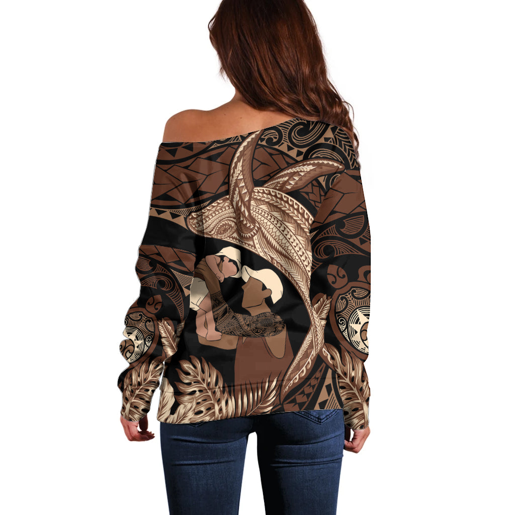 Father's Day Polynesian Pattern Off Shoulder Sweater Tropical Humpback Whale