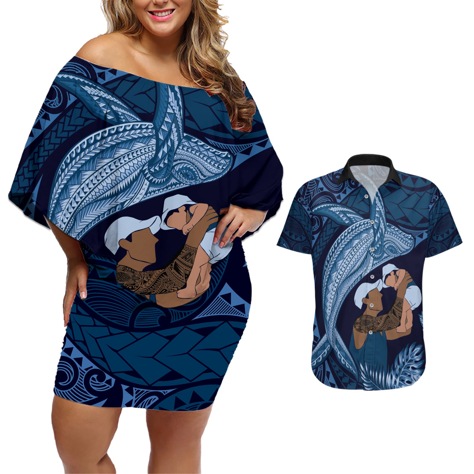 Father's Day Polynesian Pattern Couples Matching Off Shoulder Short Dress and Hawaiian Shirt Tropical Humpback Whale - Navy