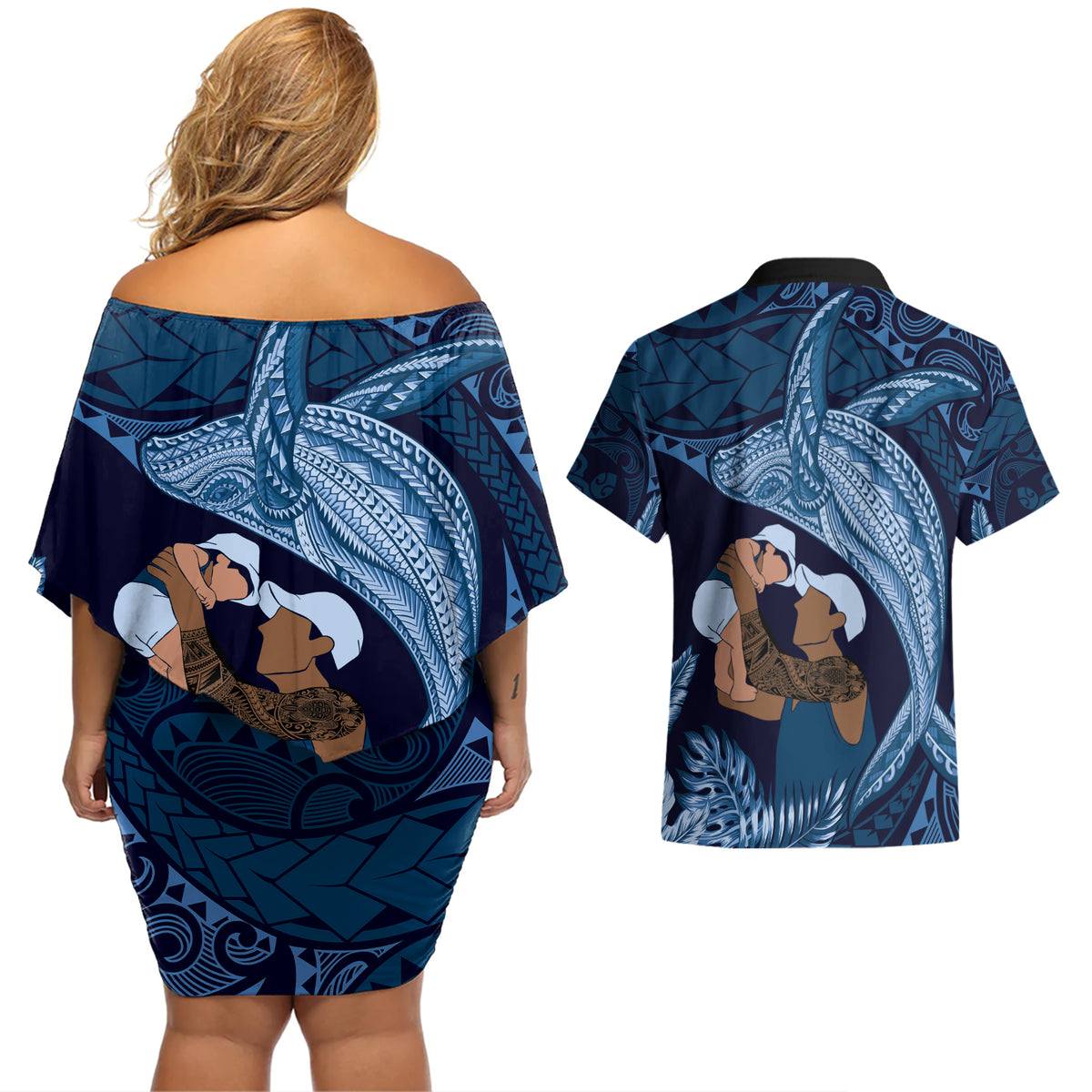 Father's Day Polynesian Pattern Couples Matching Off Shoulder Short Dress and Hawaiian Shirt Tropical Humpback Whale - Navy
