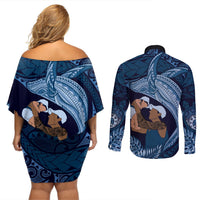 Father's Day Polynesian Pattern Couples Matching Off Shoulder Short Dress and Long Sleeve Button Shirt Tropical Humpback Whale - Navy