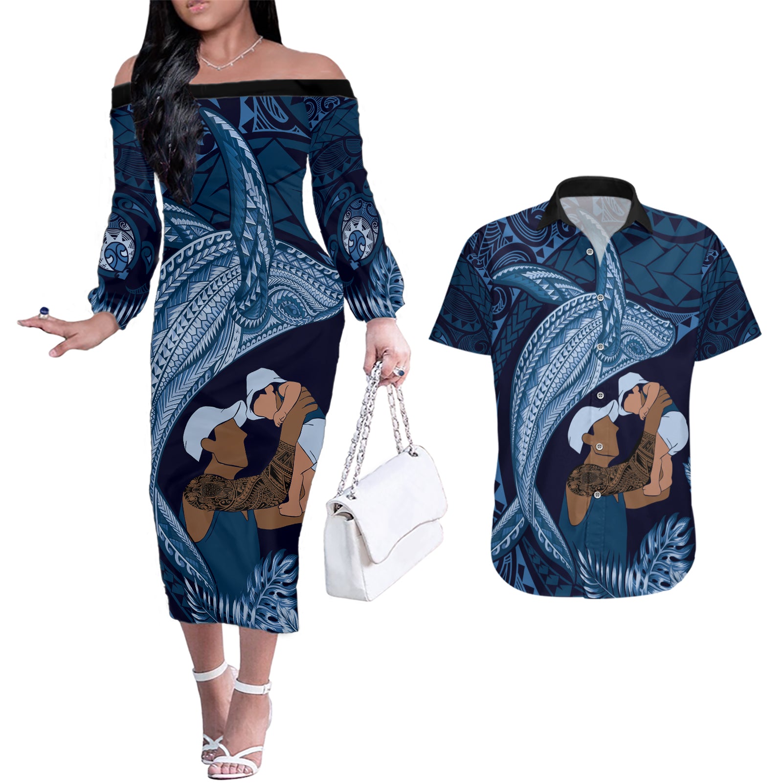 Father's Day Polynesian Pattern Couples Matching Off The Shoulder Long Sleeve Dress and Hawaiian Shirt Tropical Humpback Whale - Navy