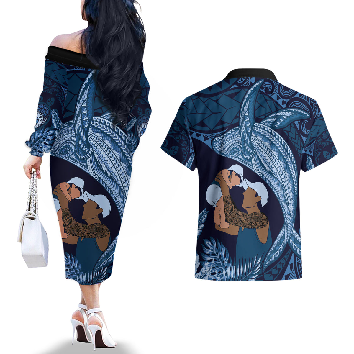 Father's Day Polynesian Pattern Couples Matching Off The Shoulder Long Sleeve Dress and Hawaiian Shirt Tropical Humpback Whale - Navy