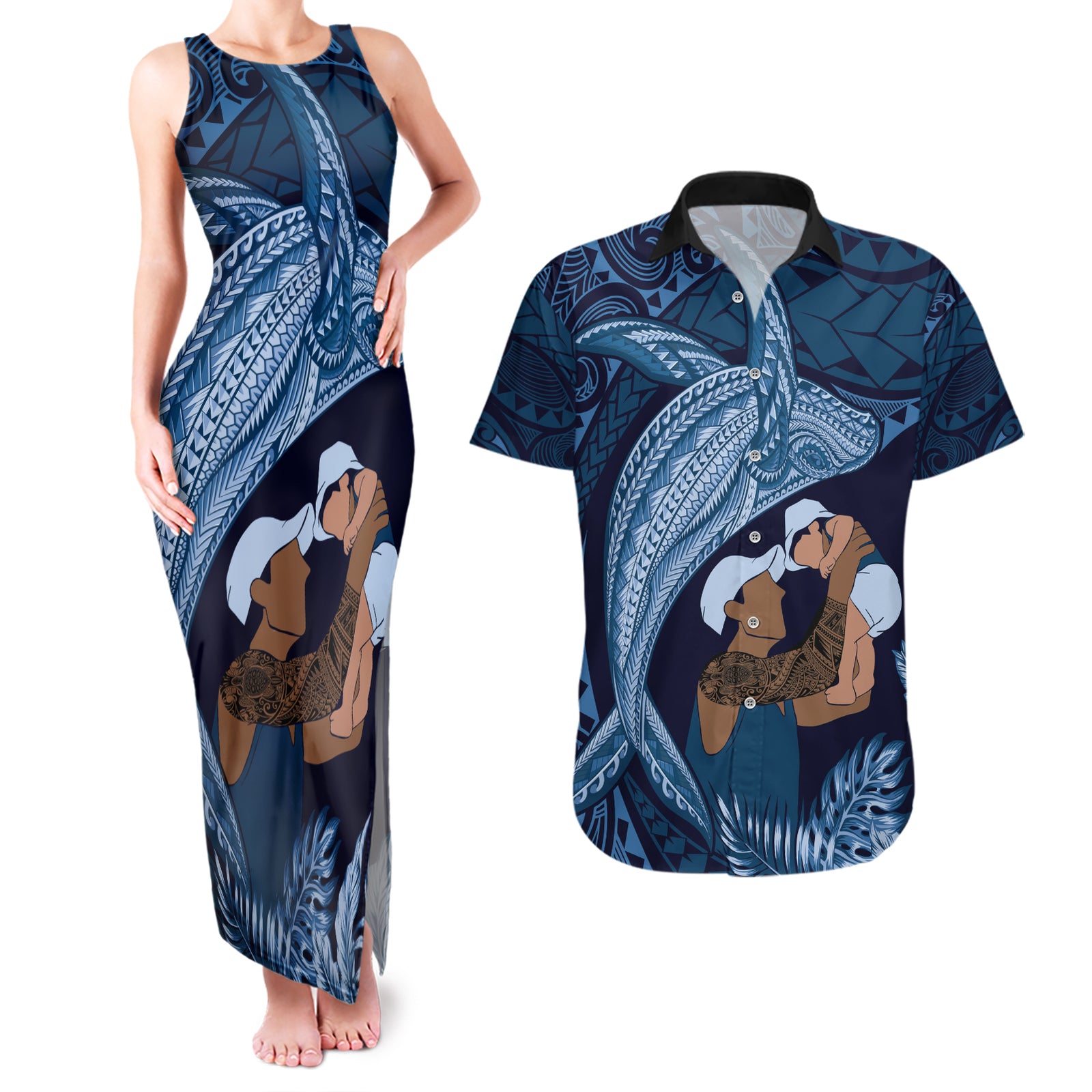 Father's Day Polynesian Pattern Couples Matching Tank Maxi Dress and Hawaiian Shirt Tropical Humpback Whale - Navy