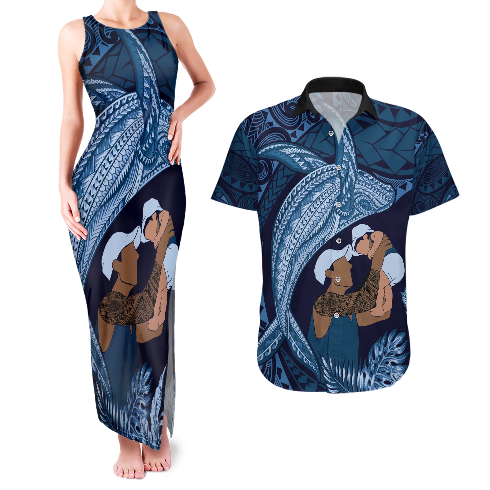 Father's Day Polynesian Pattern Couples Matching Tank Maxi Dress and Hawaiian Shirt Tropical Humpback Whale - Navy