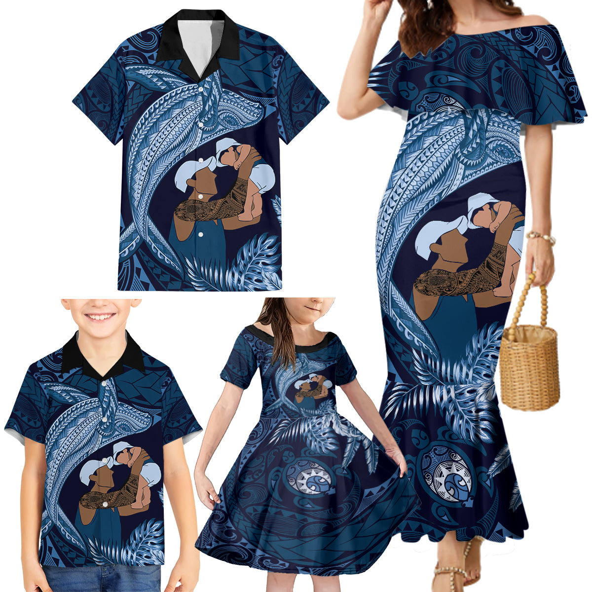 Father's Day Polynesian Pattern Family Matching Mermaid Dress and Hawaiian Shirt Tropical Humpback Whale - Navy