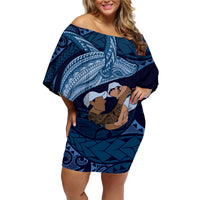 Father's Day Polynesian Pattern Family Matching Off Shoulder Short Dress and Hawaiian Shirt Tropical Humpback Whale - Navy