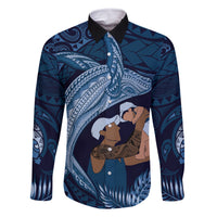 Father's Day Polynesian Pattern Family Matching Tank Maxi Dress and Hawaiian Shirt Tropical Humpback Whale - Navy