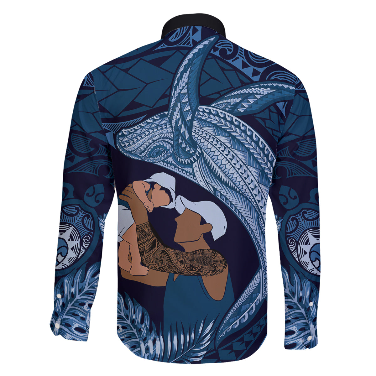 Father's Day Polynesian Pattern Family Matching Tank Maxi Dress and Hawaiian Shirt Tropical Humpback Whale - Navy